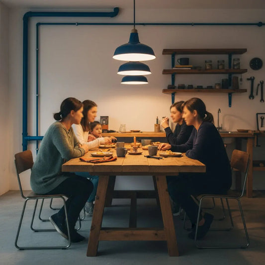 Wohnküche mit Familie um den Tisch, Holzoberflächen und Metalldetails in warmem Licht – geeignetes Motiv für geschenke für konfirmation oma.