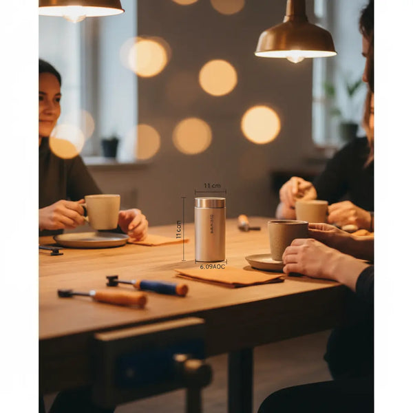 Abendliche, minimalistische Werkbankszene mit Händen und dem Produkt aus den Referenzfotos im Mittelpunkt; warme, industrielle Details und Gefühl von Zusammengehörigkeit – geschenke für männer.