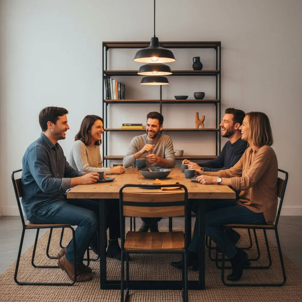 Gemütliches Esszimmer mit leichter Industrie-Note, kleine Familie sitzt am Tisch, herzliche Stimmung — Styling- und Geschenkideen für geschenke für schwangere