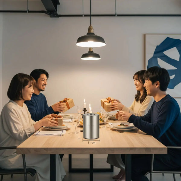 Familie am Holz-Esstisch, warme Lichtstimmung und industrielle Metalldetails, Hände greifen nach Tellern und Geschenken — Geschenke für wohlhabende Menschen im Fokus