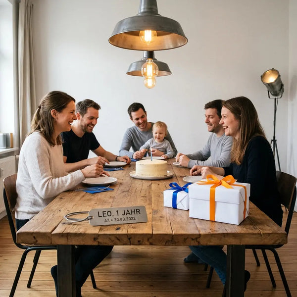 Kleine Familie um Holztisch mit sorgfältig arrangierten geschenken zum 1. geburtstag, Vanilletorte und personalisiertem Metallanhänger im warmen, industriellen Stil