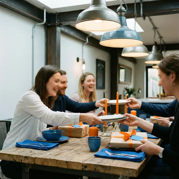Gemütliches Esszimmer mit Freunden um Tisch, Hände reichen Geschenkboxen im warmen Licht — geschenke zum 1. hochzeitstag