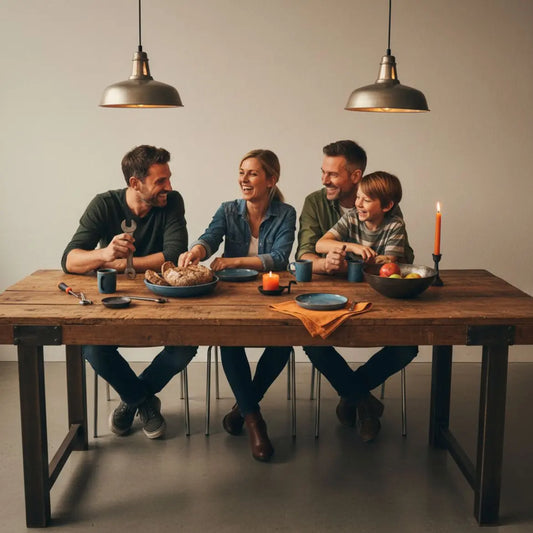 Kleine Gruppe von Freunden um Esstisch mit Holz- und Metalldetails, warme Beleuchtung und Nähe, lächelnde Gesichter – idealer Kontext für Geschenke zum 24. Geburtstag