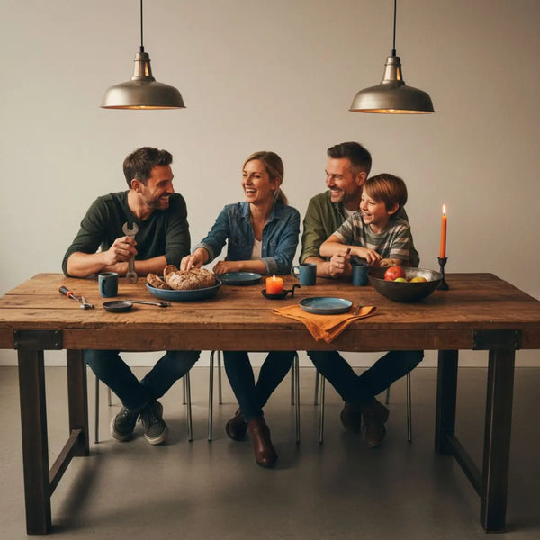 Kleine Gruppe von Freunden um Esstisch mit Holz- und Metalldetails, warme Beleuchtung und Nähe, lächelnde Gesichter – idealer Kontext für Geschenke zum 24. Geburtstag