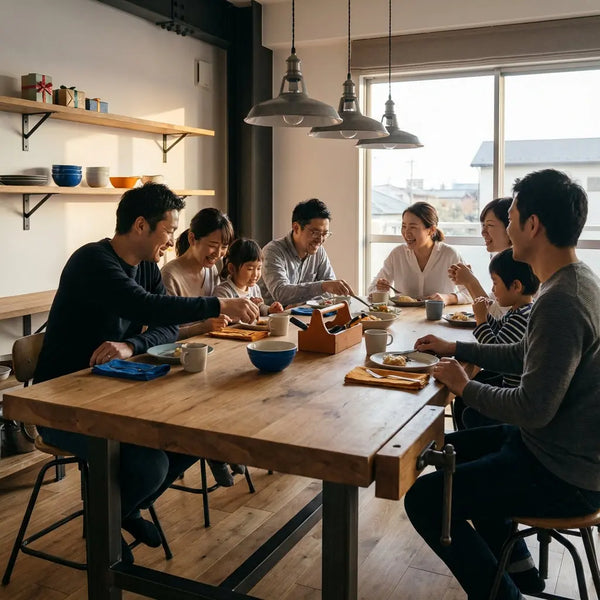 Familie und enge Freunde am Holz-Esstisch in warmem, industriellem Zuhause, dezente Geschenke zur Abschlussfeier auf dem Tisch, Bild füllt komplett den Rahmen.