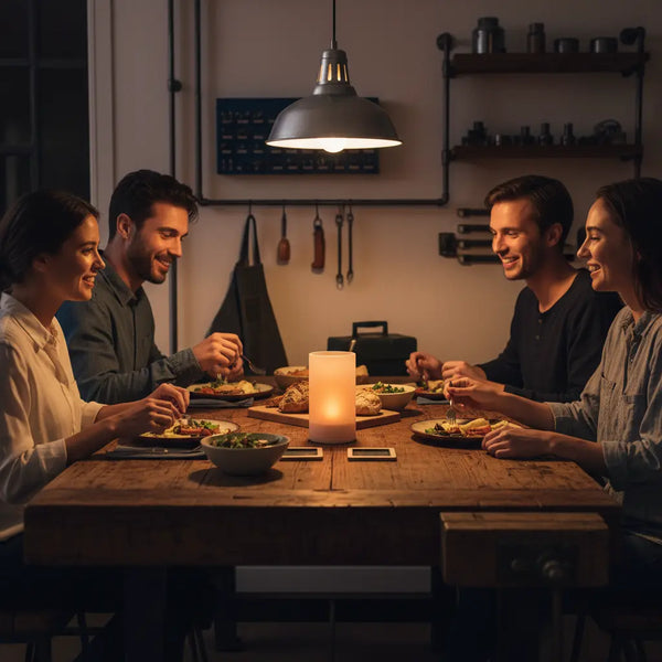 Gemütliche Abend­szene einer Familie am Holztisch mit leicht industriellem Charme, Hände teilen Essen und kleine Überraschungen – Geschenke zur Einschulung.