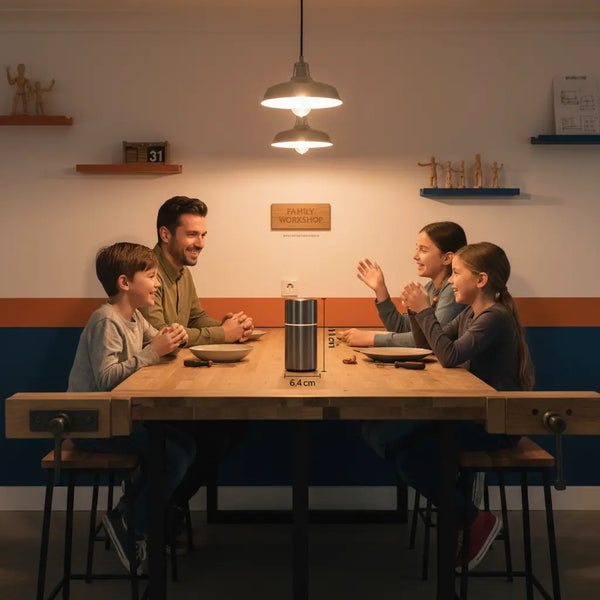 Abendliche, minimalistische Familienszene am Esstisch mit warmem Licht, Holz- und Metallelementen – natürliche Darstellung des Produkts in Nutzung; ideal für geschenke zur entspannung für mama.