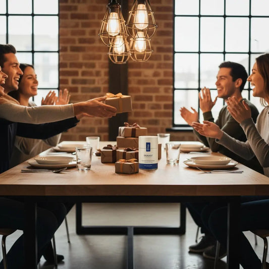 geschenke zur konfirmation junge – kleine Familie tauscht Geschenke am Holz-Esstisch, Hände überreichen das Produkt aus den Referenzfotos, warmer Industriecharme, Hintergrund #FAFAFF