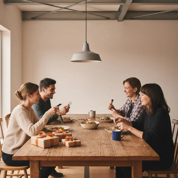 Kleine Familie am Holztisch mit dezenten geschenken zur konfirmation, warmes Licht, leichte industrielle Metalldetails und aufgeräumtes, minimalistisches Esszimmer