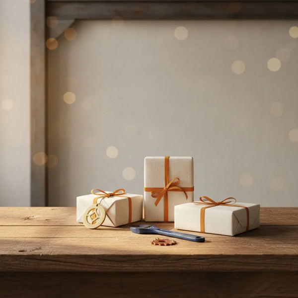 Rustikaler Holztisch mit dezent verpackten Geschenkboxen aus Leinen und kleinen Metallgegenständen in warmem Streiflicht, industrielle Holz- und Metalldetails – geschenke zur verlobung