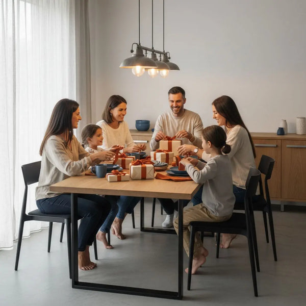Familie und Freunde am Holztisch mit sorgfältig verpackten Geschenken, warmer Industriecharme und intimer Stimmung – geschenkideen 18. geburtstag im Fokus