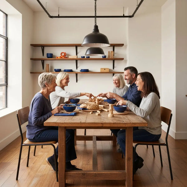 Gesellige Szene am Esstisch mit Familie, warmes Licht, Holzoberflächen und dezenten Metalldetails – passende geschenkideen 40 geburtstag frau in vertrauter Atmosphäre.