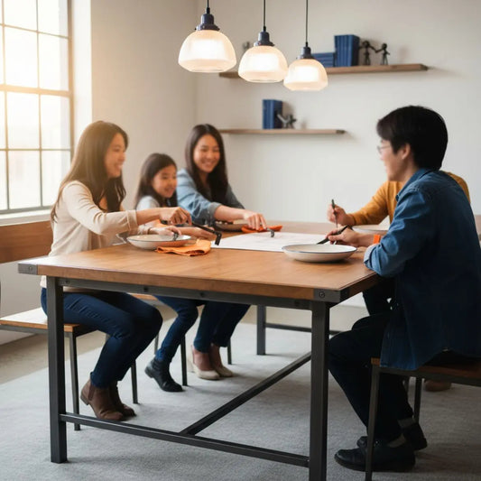 Kleine Familie um Esstisch mit Holzoberflächen und dezenten Metalldetails, Hände greifen nach Tellern – Szene für Geschenkideen Altenheim