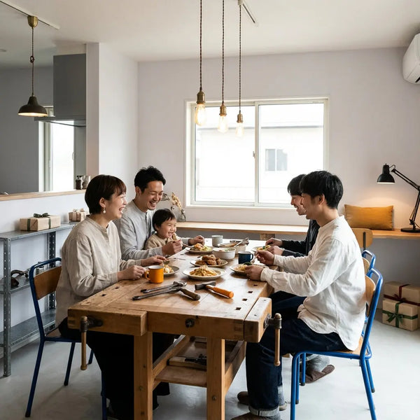 Gesellige Szene im Essbereich mit warmem Licht, Holz- und Metalldetails, dezente Geschenke sichtbar – Geschenkideen Arbeitskollegin im minimalistischen Stil