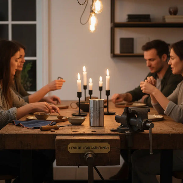Gesellige Abendrunde am Holztisch mit Geschenkideen beste freundin, warmes Licht, industrielle Metallakzente und Produkt aus Referenzfotos sichtbar