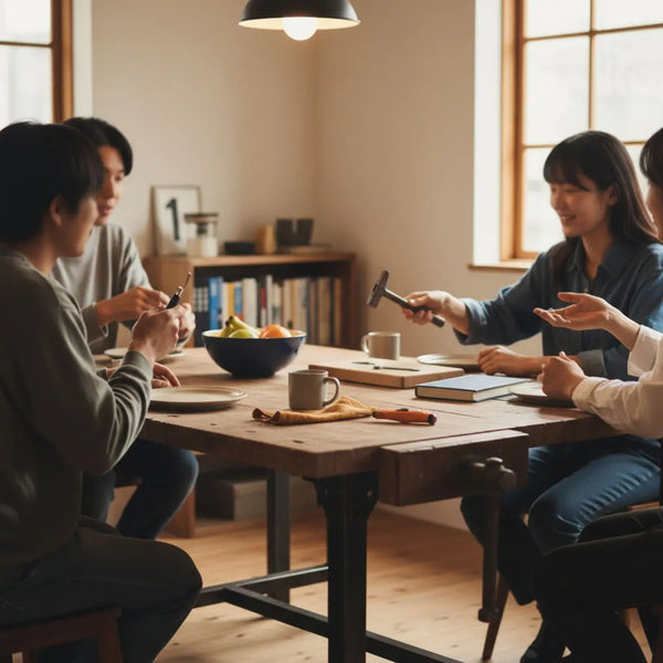 Kleine Gruppe Freunde um Esstisch mit warmem Licht, Holz- und Metalldetails, minimalistisch, intime Nähe – Geschenkideen bester Freund
