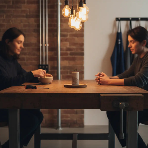 Abendliche, minimalistische Werkbank-Szene mit Händen, warmem Licht, Holz- und Metalldetails sowie dem Produkt aus den Referenzfotos — geschenkideen einschulung