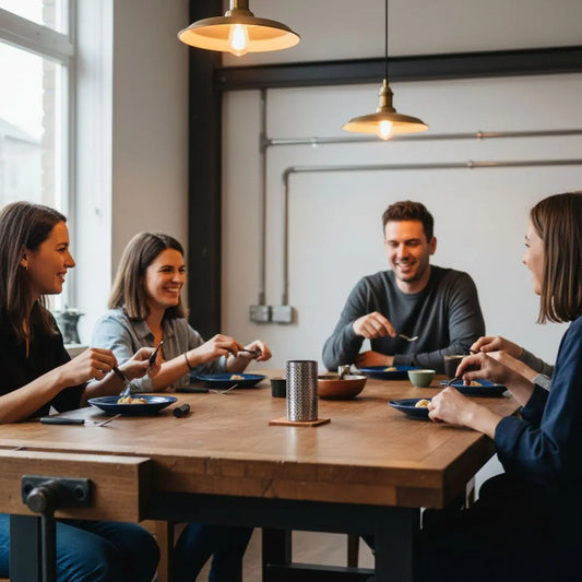 Gemütliche Familienszene am Esstisch mit Händen, die nach Tellern greifen; warmes, industrielles Interieur mit Holz und Metalldetails – Geschenkideen für gemeinsame Momente.