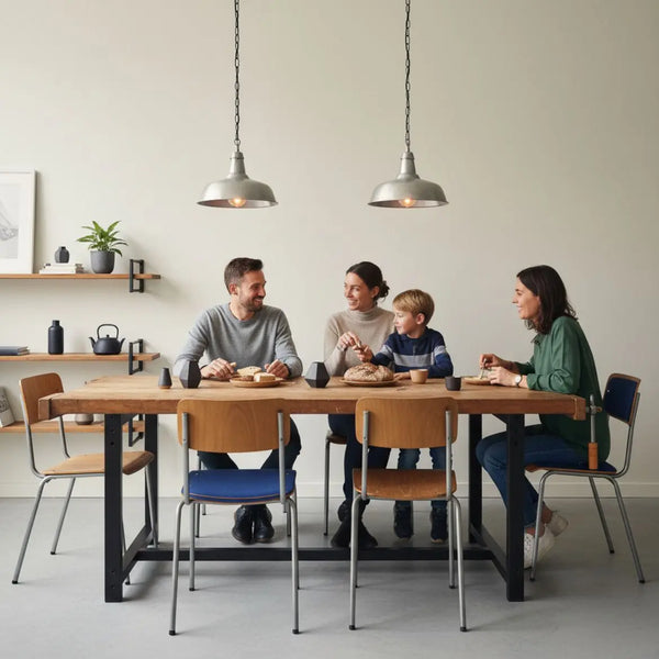 Kleine Familie beim gemeinsamen Essen an Holztisch mit warmem Licht und dezenten Metalldetails im minimalistischen Stil – geschenkideen familie