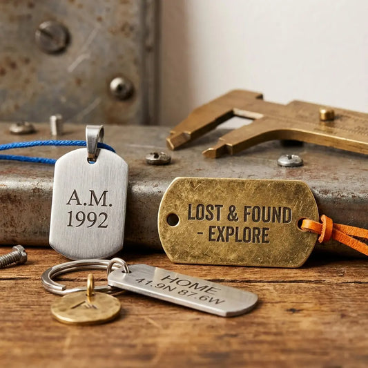 Nahaufnahme personalisierter Metall‑Keepsakes auf rustikalem Holztisch, Fokus auf Gravuren und Texturen — stilvolle geschenkideen fernbeziehung.