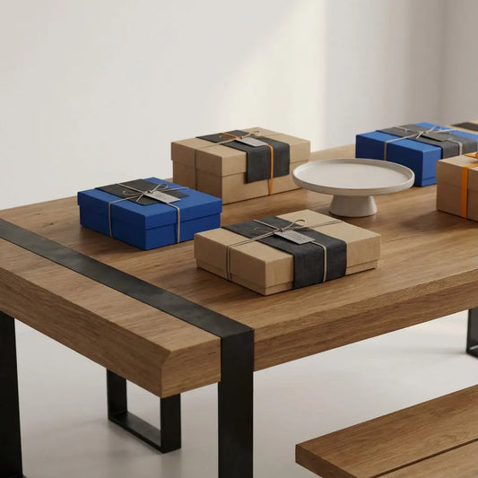 Minimalistischer Esstisch mit geschenkideen fitness: sorgfältig arrangierte Geschenkboxen, Metallanhänger auf dunklem Leinen, warme industrielle Atmosphäre, Akzente #ff9800 und #0044CC