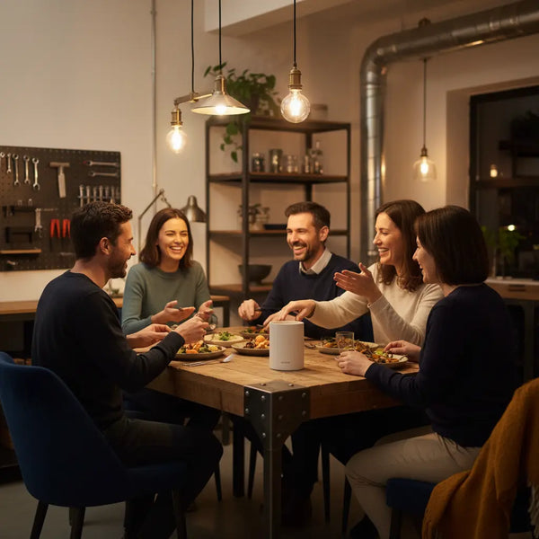 Intime Abend-Szene mit Freunden um Holztisch, warme Metall- und Holzdetails, Produkt aus Referenzfotos im Vordergrund — geschenkideen freundin