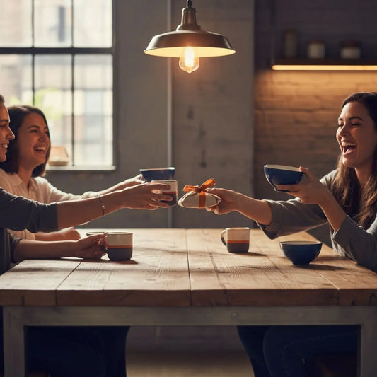 Freunde an warm beleuchtetem Esstisch im industriellen Zuhause reichen Geschenke und Teller; Fokus auf Hände, Holz- und Metalldetails – geschenkideen für freundeskreis