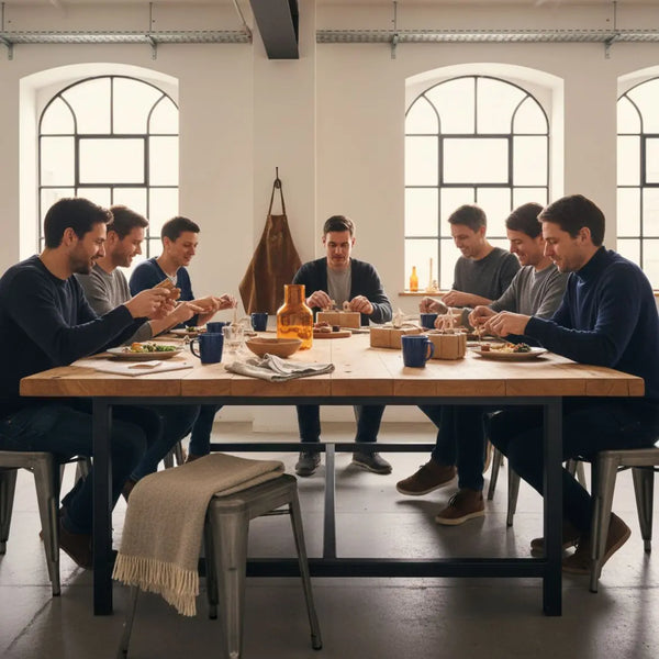 Familie und Freunde um einen Holztisch mit Geschenkideen für Kreative, warme industrielle Atmosphäre, Metallakzente, Fokus auf Hände und Geschenke.