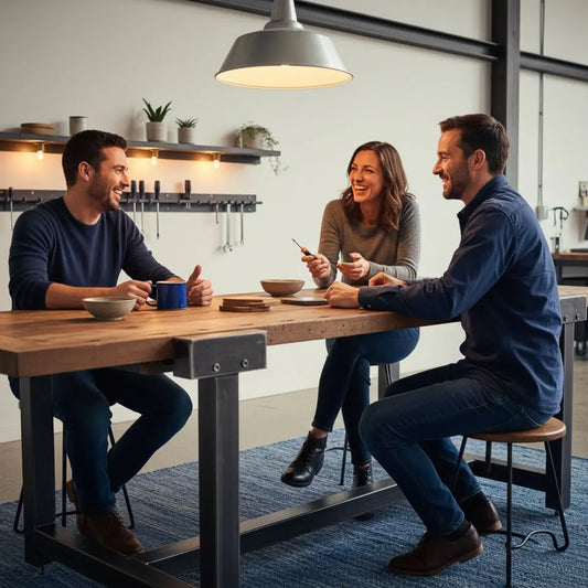 Kleine Familie lacht am Holztisch mit Metalldetails und warmem Licht – minimalistische Szene für geschenkideen für 11 jährige, authentisch und aufgeräumt.