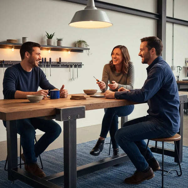Kleine Familie lacht am Holztisch mit Metalldetails und warmem Licht – minimalistische Szene für geschenkideen für 11 jährige, authentisch und aufgeräumt.