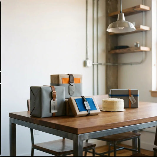 Minimalistisches Esstisch-Arrangement mit Geschenkpaketen, kleinem Vanillekuchen und Fokus auf Metall-Accessoires und Gravuren – geschenkideen für 30-jährige männer