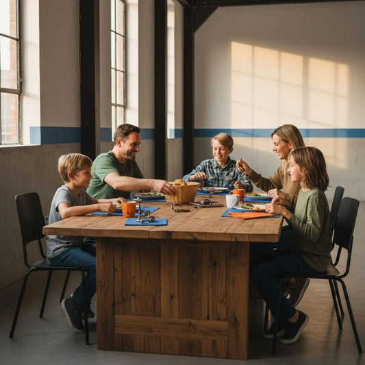 Familie am industriellen Esstisch mit Holz- und Metallakzenten, warmes Licht, gemeinsames Lachen und Hände, die nach Tellern greifen – geschenkideen für chef