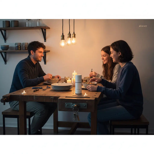 Intime Abend-Szene am Holztisch mit Produkt aus Referenzfotos, metallische Details und warme Beleuchtung – geschenkideen für eltern die schon alles haben