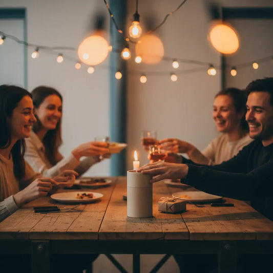 Gemütliche Abendaufnahme am Holztisch mit Freunden, Hände teilen ein Geschenk und das Produkt aus den Referenzfotos – stilvolle geschenkideen für freundin