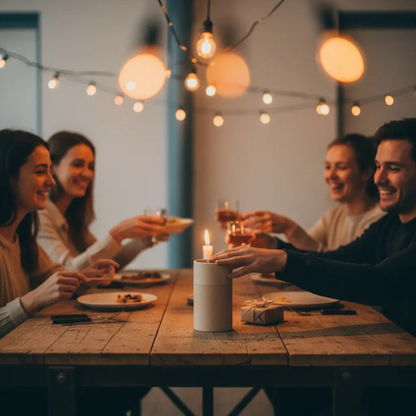 Gemütliche Abendaufnahme am Holztisch mit Freunden, Hände teilen ein Geschenk und das Produkt aus den Referenzfotos – stilvolle geschenkideen für freundin