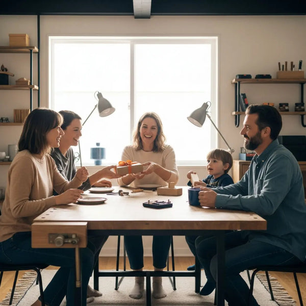 Kleine Familie beim Geschenkeüberreichen am Esstisch in warmem, minimalistischen Industrie-Stil – Geschenkideen für Kinder im Fokus, Holzoberflächen und Metalldetails