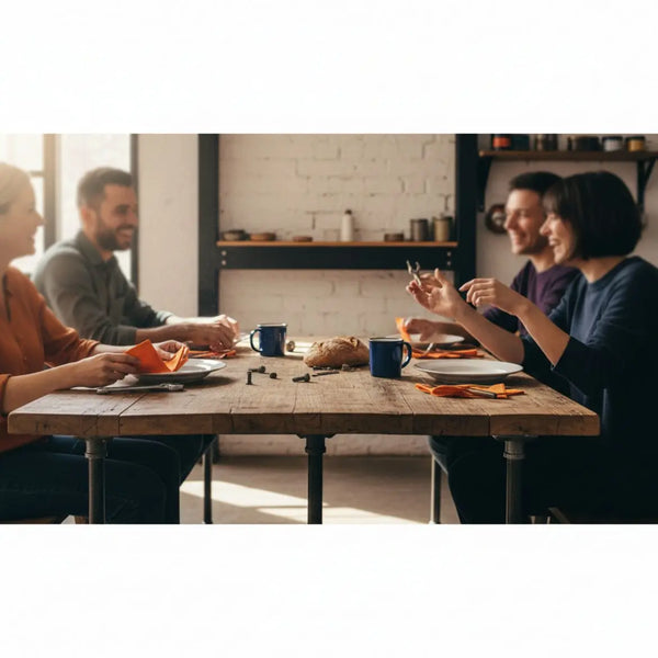 Kleine Gruppe am Esstisch mit warmem Licht, Holz- und Metalldetails – geschenkideen für lehrerin im Fokus einer einladenden, minimalistischen Familienszene