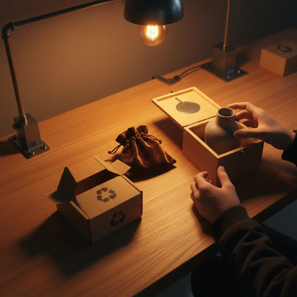 Offener Geschenkbehälter, Samtbeutel und Recyclingkarton auf warm beleuchtetem Holztisch mit stahlgrauen Details, Hände greifen nach den Gegenständen – geschenkideen für mama