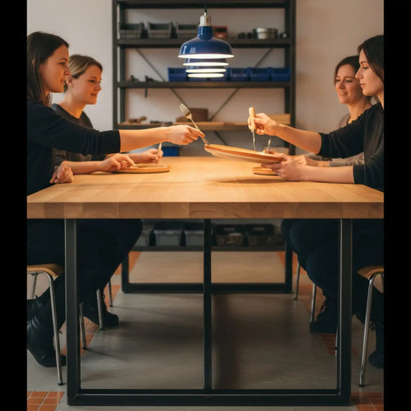 Warme Esstischszene mit Familie und Nahaufnahme von Händen, Holz- und Metalldetails im minimalistischen Industrie-Stil – geschenkideen für männer die alles haben