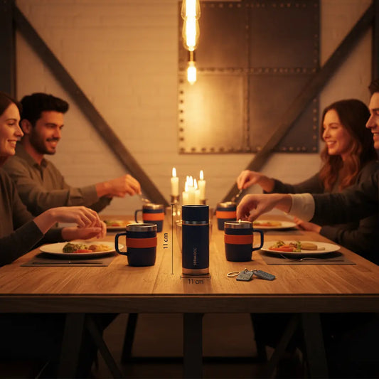 Intime Abend-Szene mit Freunden um einen Holztisch, Fokus auf Hände, Teller, Thermobecher und Stahlaccessoires – geschenkideen für menschen ohne hobbys