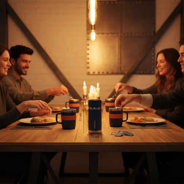Intime Abend-Szene mit Freunden um einen Holztisch, Fokus auf Hände, Teller, Thermobecher und Stahlaccessoires – geschenkideen für menschen ohne hobbys