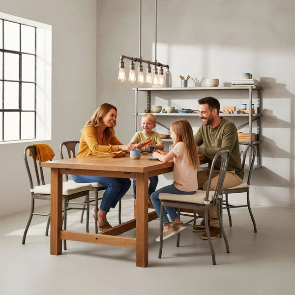 Kleine Familie am Esstisch in warmem Licht, Holz- und Metalldetails, gemeinsames Lachen und Hände, die Teller oder Werkzeuge teilen — geschenkideen für papa