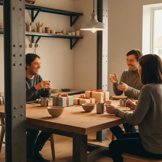 Warm beleuchtete Familie an Esstisch mit Geschenken, Hände im Fokus, minimalistischer Industrial-Charme – geschenkideen für segler