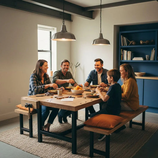 Kleine Familie und Senioren beim gemeinsamen Essen in warmem, leicht industriellen Zuhause – geschenkideen für senioren
