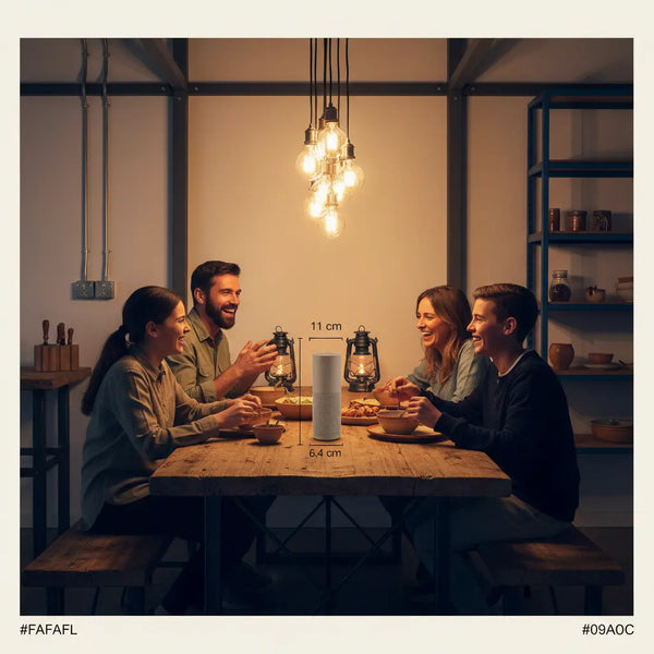 Abendliche Szene am Holztisch mit Freunden/Familie, Hände und Lachen, sichtbare Metallakzente; Produkt aus Referenzfotos im Vordergrund — geschenkideen für sie