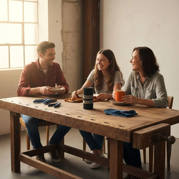 Kleine Familie und Freunde sitzen am Holztisch, lachen und greifen nach Tellern und dem Produkt aus den Referenzfotos – geschenkideen für vater