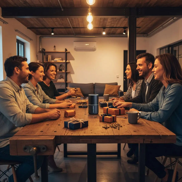 Familie und Freunde um einen Esstisch mit Geschenken und Werkzeug-Zubehör in einem wohnlichen, leicht industriellen Raum – geschenkideen handwerker zentral auf dem Tisch.