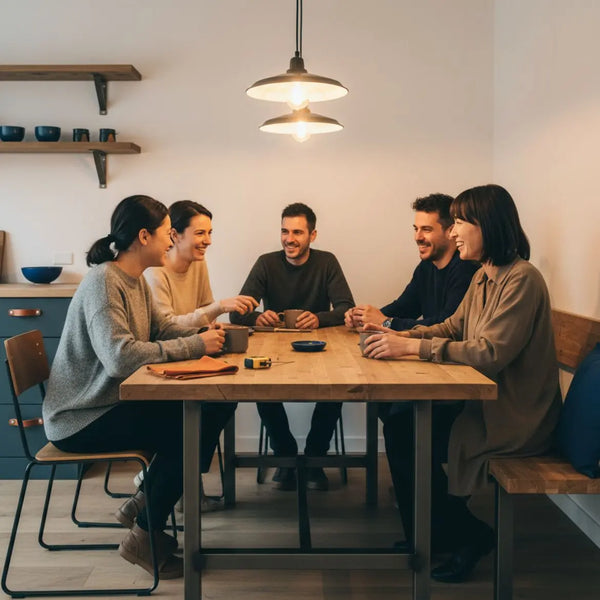 Familie sitzt am minimalistischen Holz-Esstisch in warmem, industriellem Raum mit Metalldetails und Steelmonks-Farbakzenten — geschenkideen hochzeitstag Inspiration