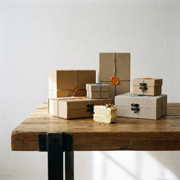 Nahaufnahme eines warm beleuchteten Holztischs mit sorgfältig arrangierten, unbeschrifteten Geschenkboxen und einem Stück Vanillekuchen – intime geschenkideen‑Szene.
