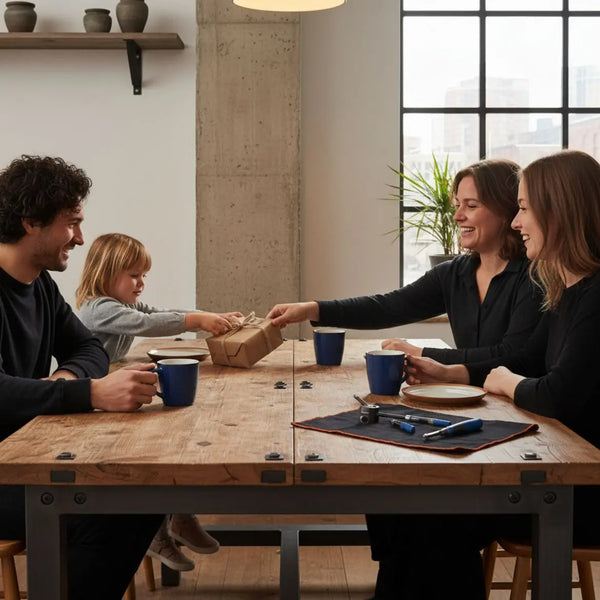 Kleine Gruppe um Holztisch mit Geschenken und Händen, warmes industrielles Interior – geschenkideen kaffeeliebhaber in gemütlicher, minimalistischer Szene